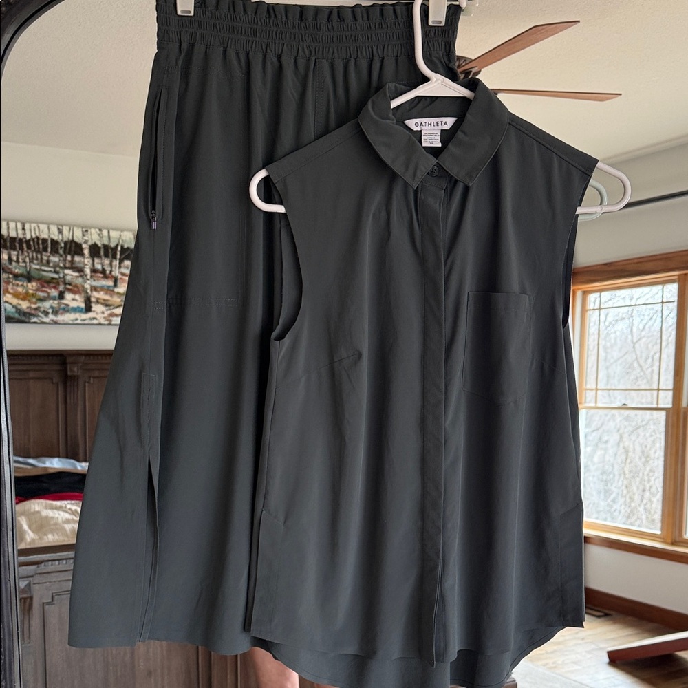 Athleta Black Sleeveless Button-Front Top and skirt
